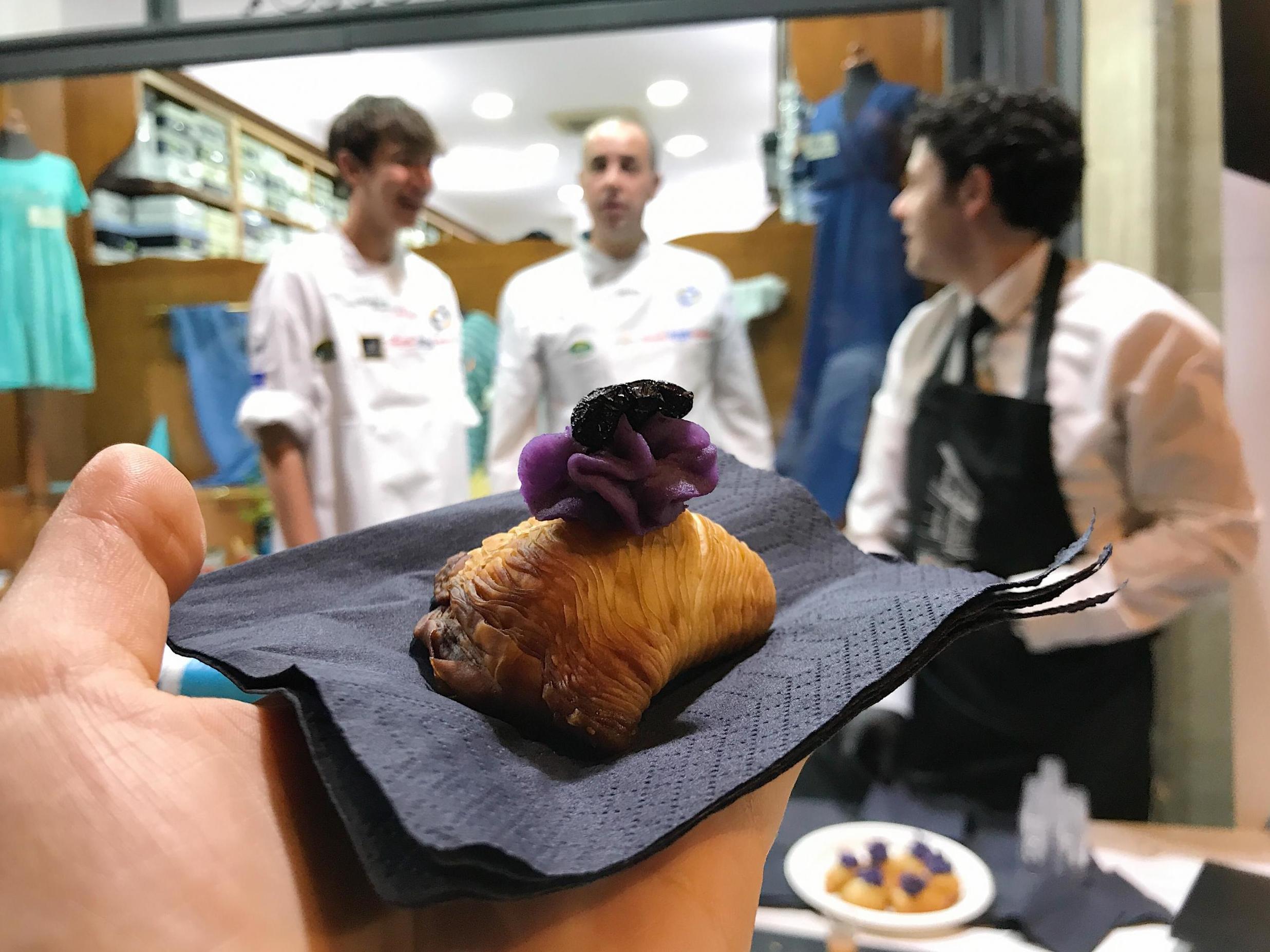 A salt cod sfogliatella, topped with purple potato and roe – a pleasure to destroy