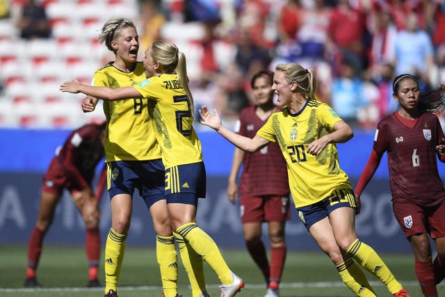 Elin Rubensson celebrates scoring Sweden's fifth and final goal