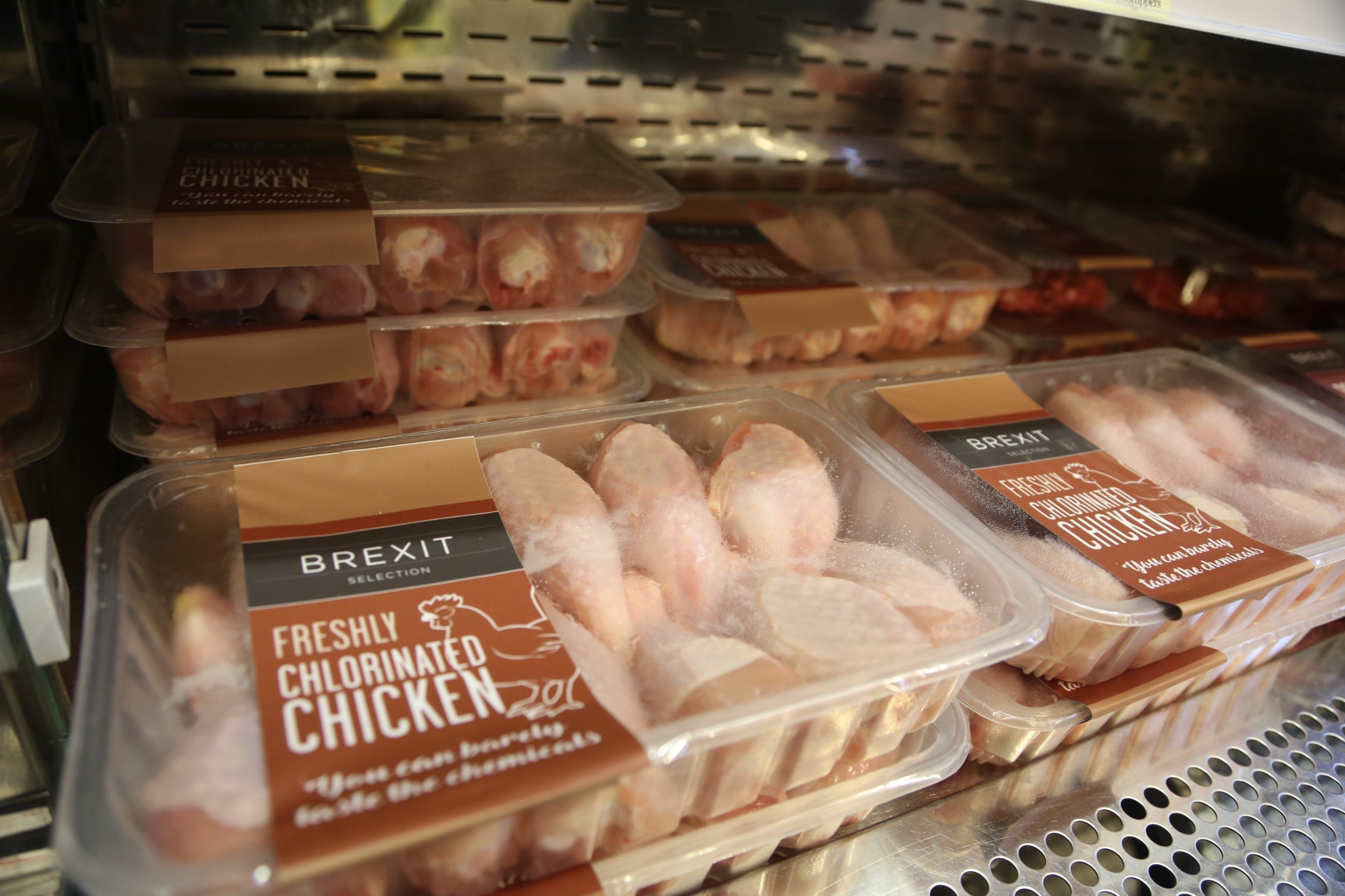 Packs of ‘Brexit Selection Freshly Chlorinated Chicken’ sit on display at ‘Costupper’ Brexit Minimart pop-up store, set up by the People’s Vote campaign group, in November 2018