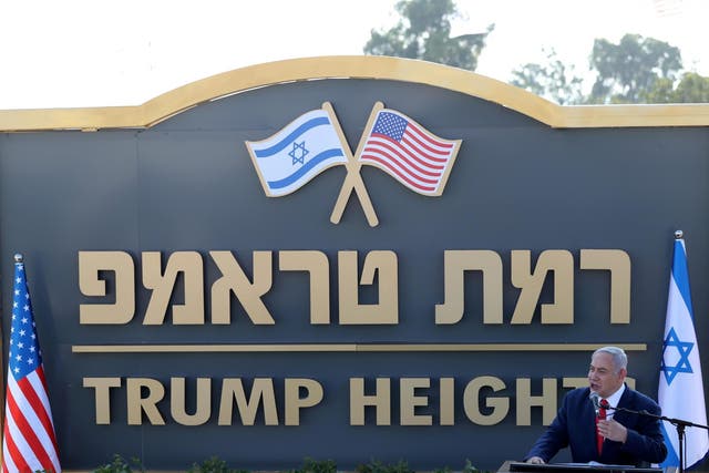 Israeli Prime Minister Benjamin Netanyahu speaks during a ceremony to unveil a sign for a new community named after US President Donald Trump in the Israeli-occupied Golan Heights. REUTERS
