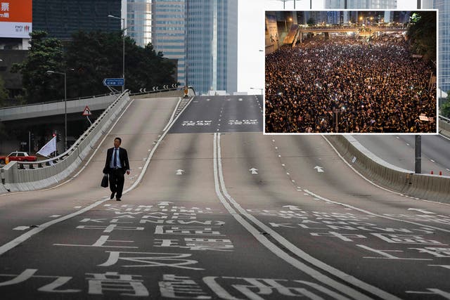 An image showing spotless streets in Hong Kong the morning after a protest.