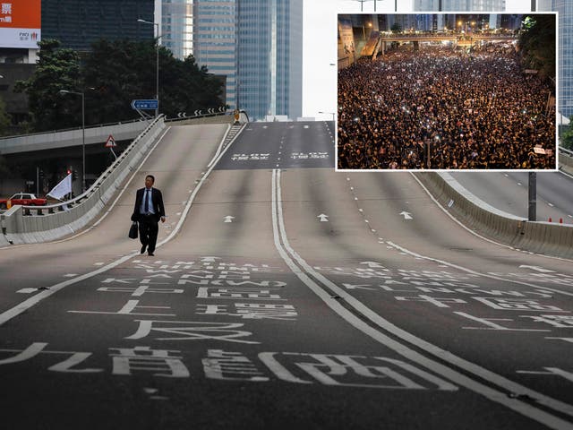 An image showing spotless streets in Hong Kong the morning after a protest.