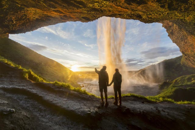 Romantic sunrise in a waterfall