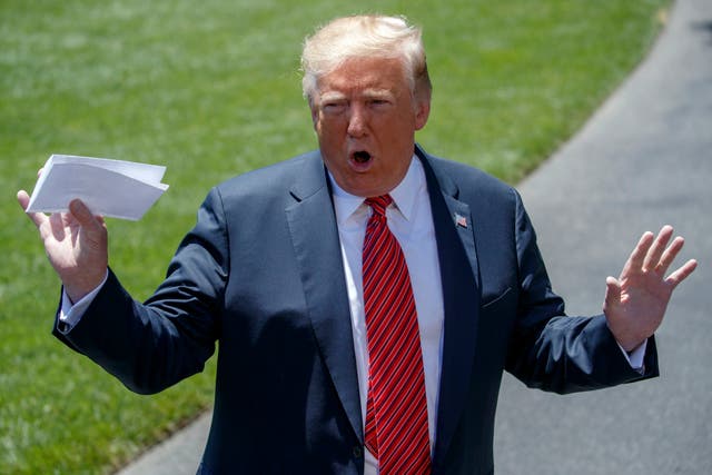 President Donald Trump takes questions from the media on the United States Mexico Canada Agreement (USMCA) on the South Lawn of the White House on 11 June, 2019