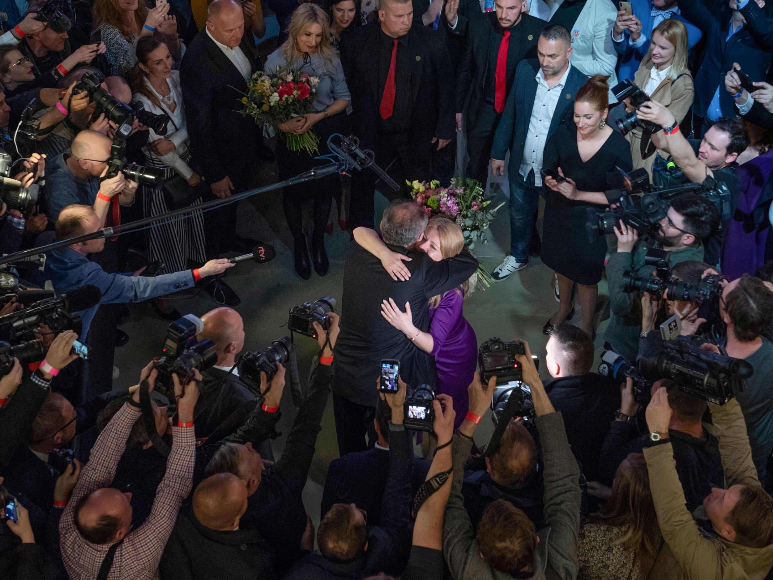 The Slovak President, Andrej Kiska, congratulates Caputova in her headquarters at the time of her electoral win (Getty/iStock)
