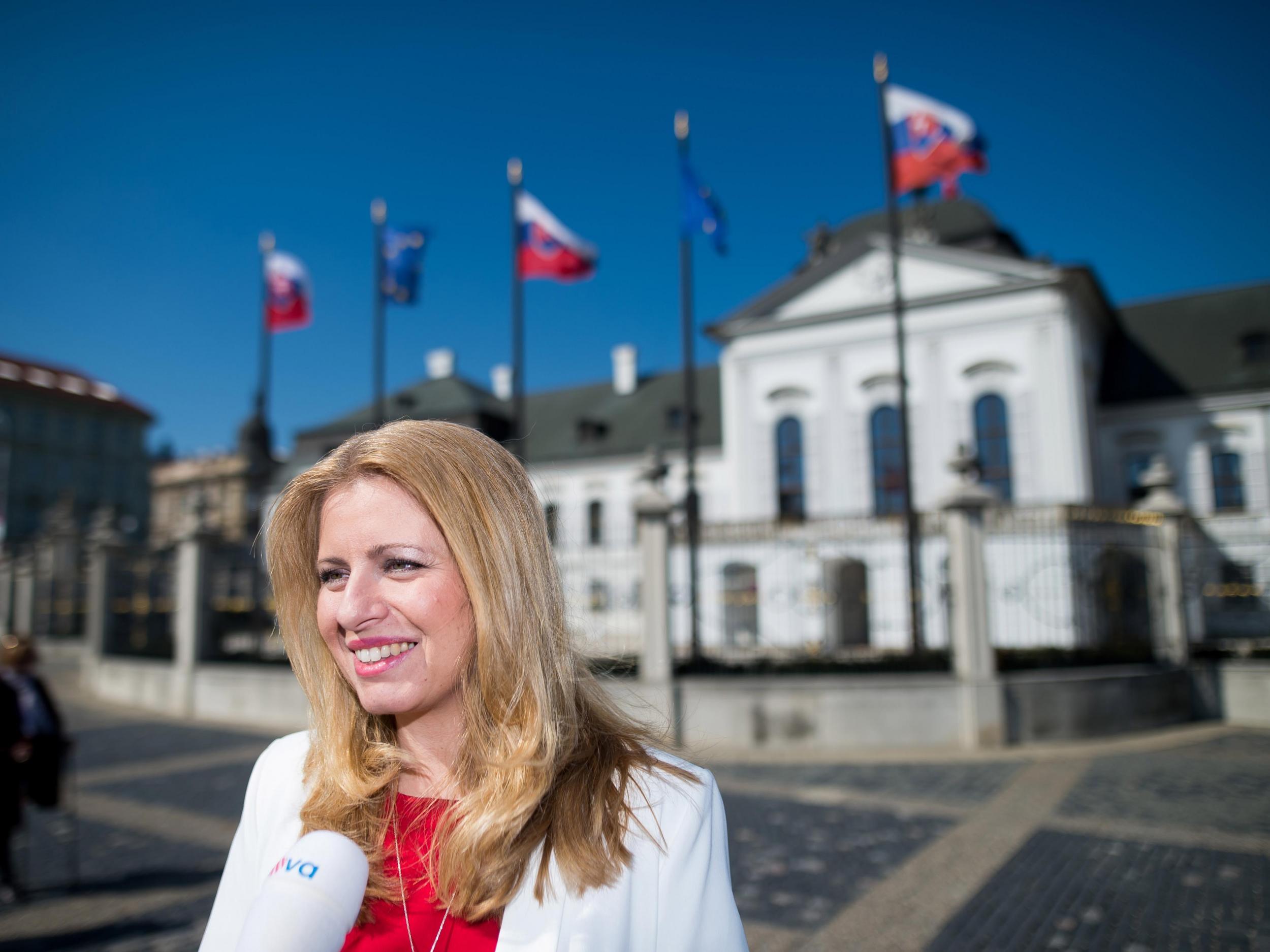 Caputova speaks to journalists in the front of the presidential palace in Bratislava, Slovakia after her presidential victory (Getty/iStock)