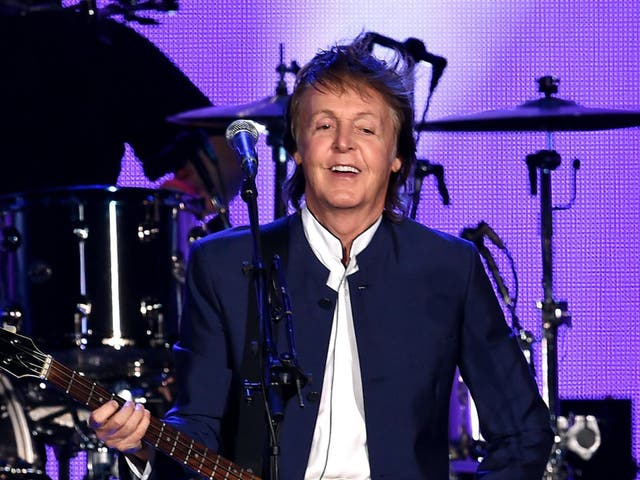 Musician Paul McCartney performs during Desert Trip at the Empire Polo Field on October 15, 2016 in Indio, California