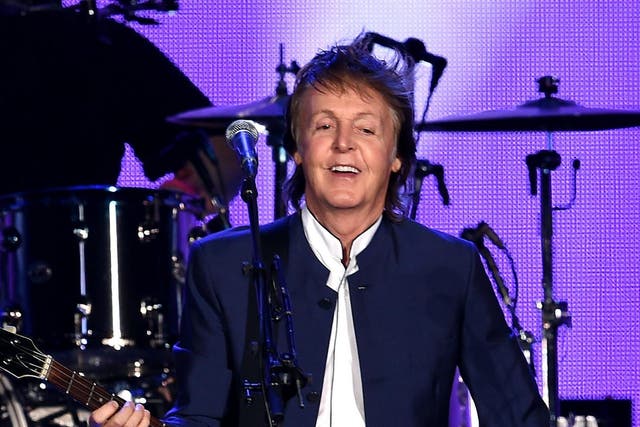 Musician Paul McCartney performs during Desert Trip at the Empire Polo Field on October 15, 2016 in Indio, California