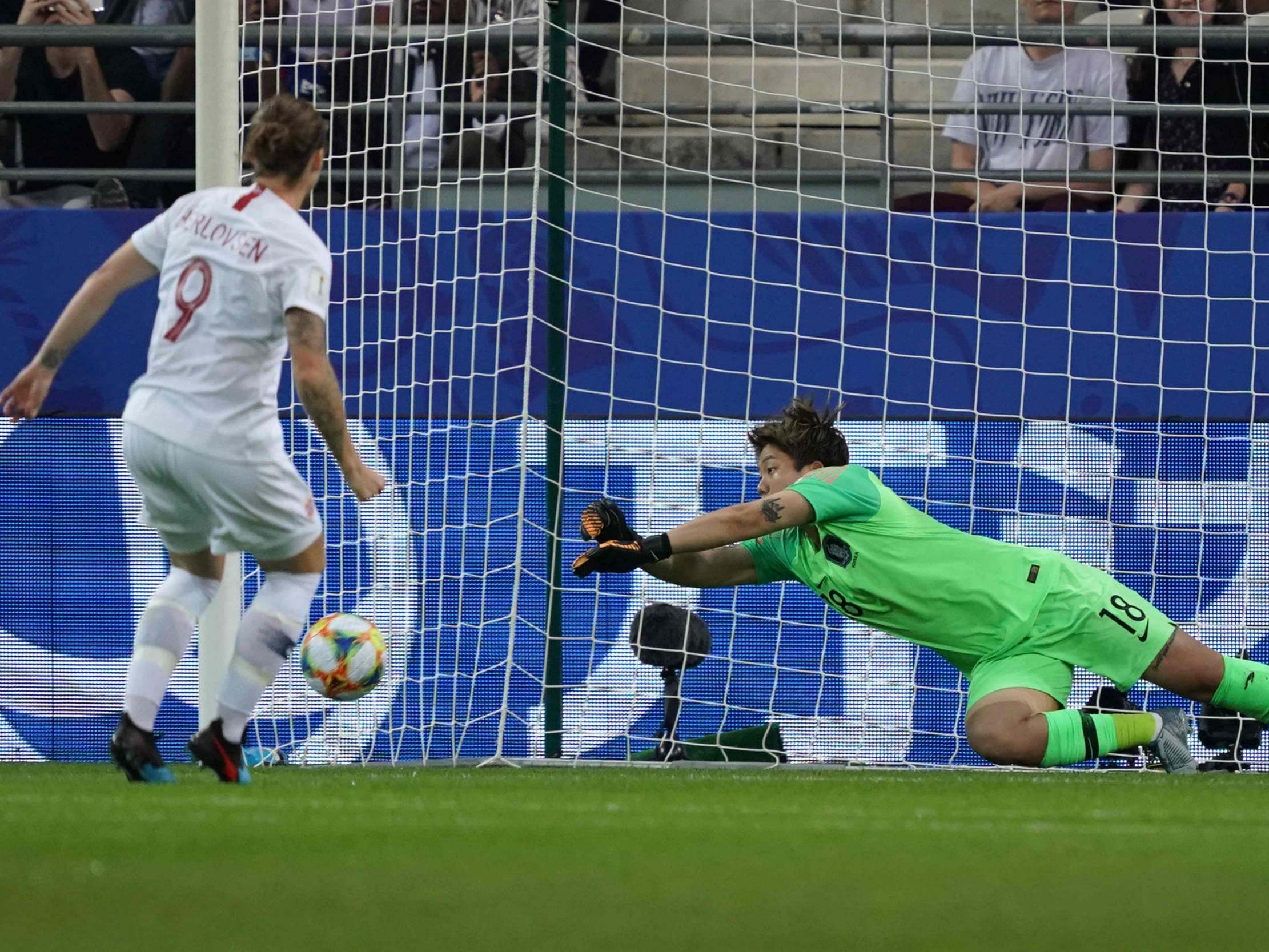 Isabell Herlovsen scores Norway's second penalty during victory over South Korea