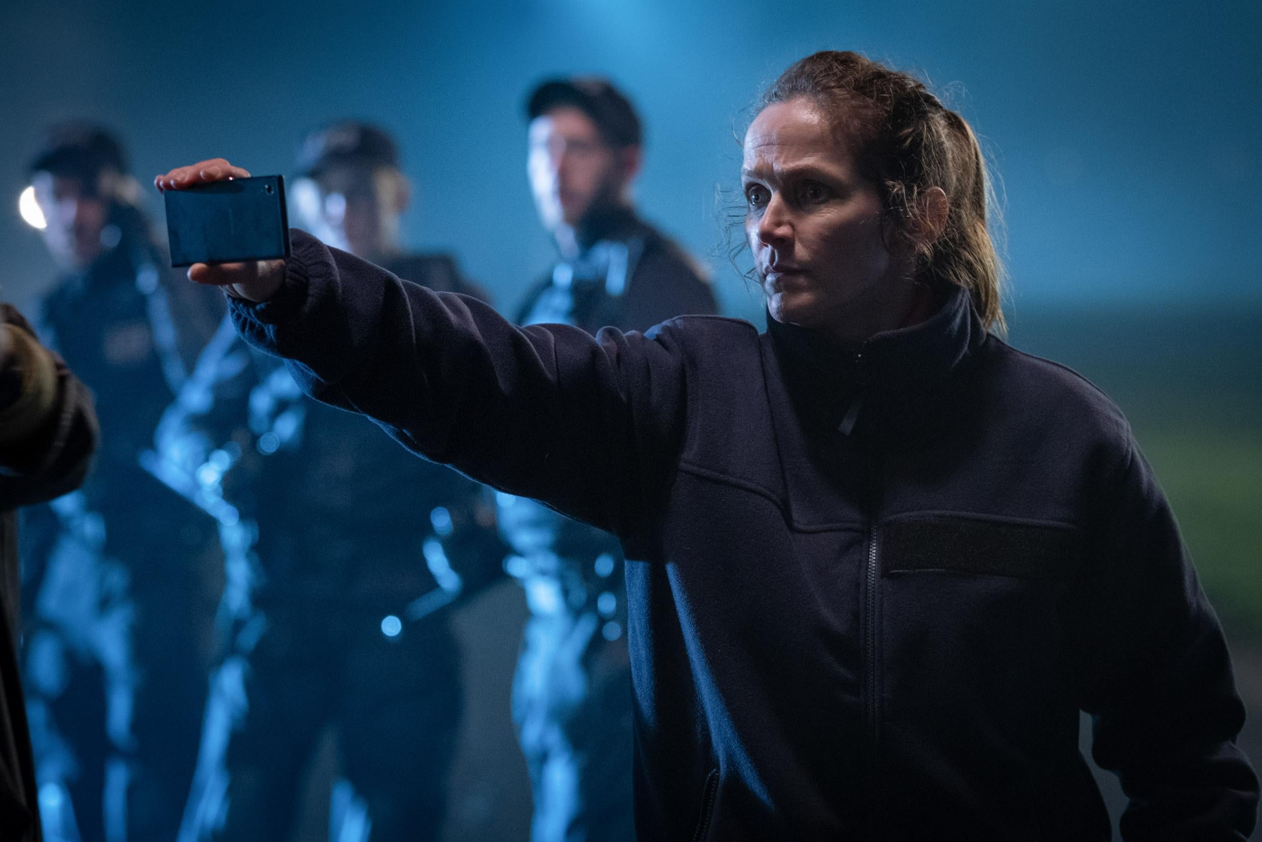 Jessica Hynes as Edith storms the concentration camp and transmits live images of the horrors inside