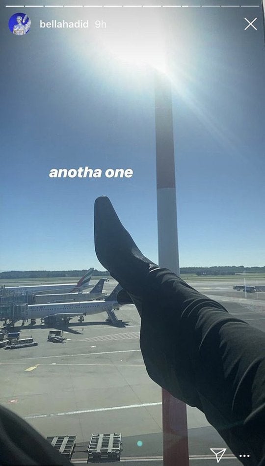 Bella Hadid posts photo of foot in airport lounge to Instagram