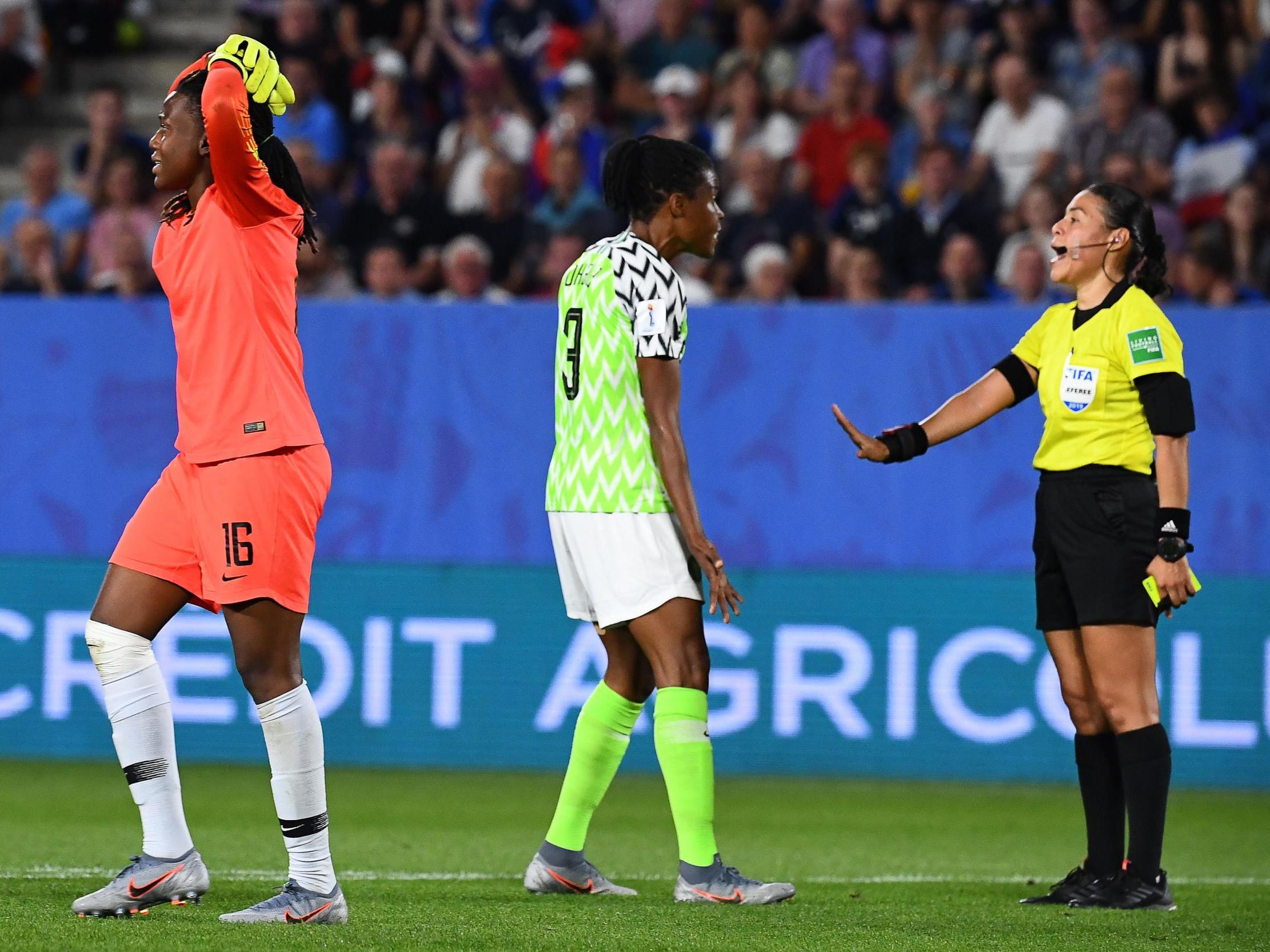 Chiamaka Nnadozie (L) reacts after VAR ordered that France’s penalty be retaken