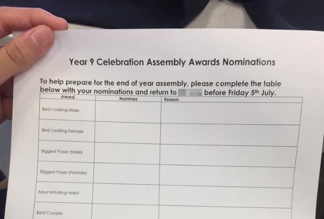 The school said it would tell students to disregard the form after it was sent out to 13- and 14-year-olds