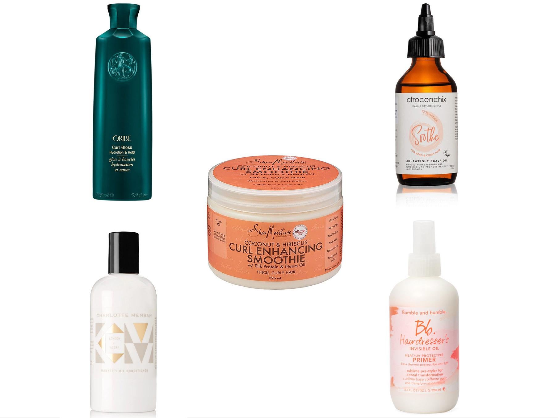 Top left, Oribe Curl Gloss, £38, Space NK; bottom left, Charlotte Mensah, Manketti Oil Conditioner, £24, Net-a-Porter; centre, Shea Moisture Coconut Curl Enhancing Smoothie, £10.99, top right, Superdrug; Soothe Natural Scalp Oil, £15.99, Afrocenchix; bottom right, Bumble and Bumble, Hairdresser's Invisible Oil Protective Primer, £21, Look Fantastic