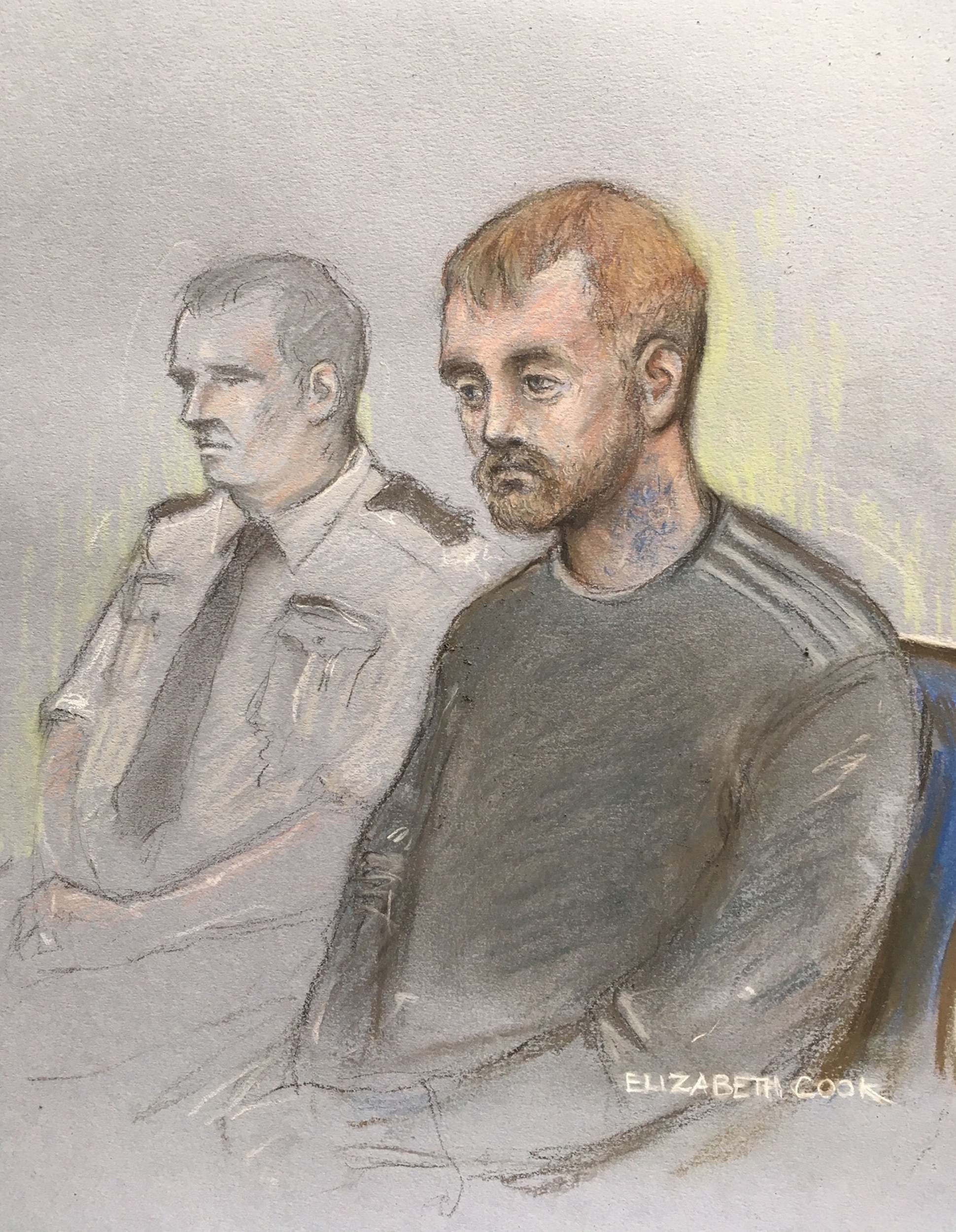 Court artist sketch of Stephen Nicholson, 25, (right) of no fixed address, in the dock at Winchester Crown Court where he is accused of murdering 13-year-old Lucy McHugh on 25 July 2018.