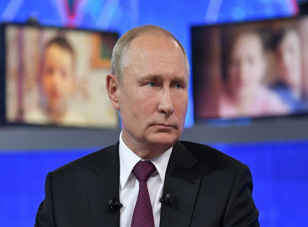 Russian president Vladimir Putin appears on his annual nationwide TV phone-in show in Moscow on Thursday