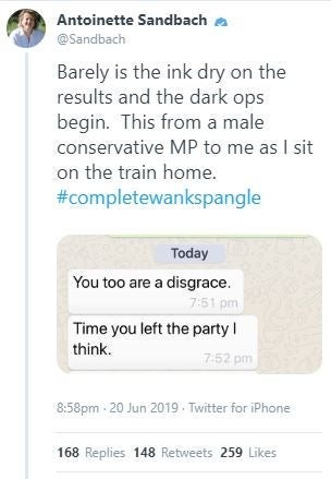 Antoinette Sandbach tweeted a screenshot of abusive messages she said were sent by a male Tory MP