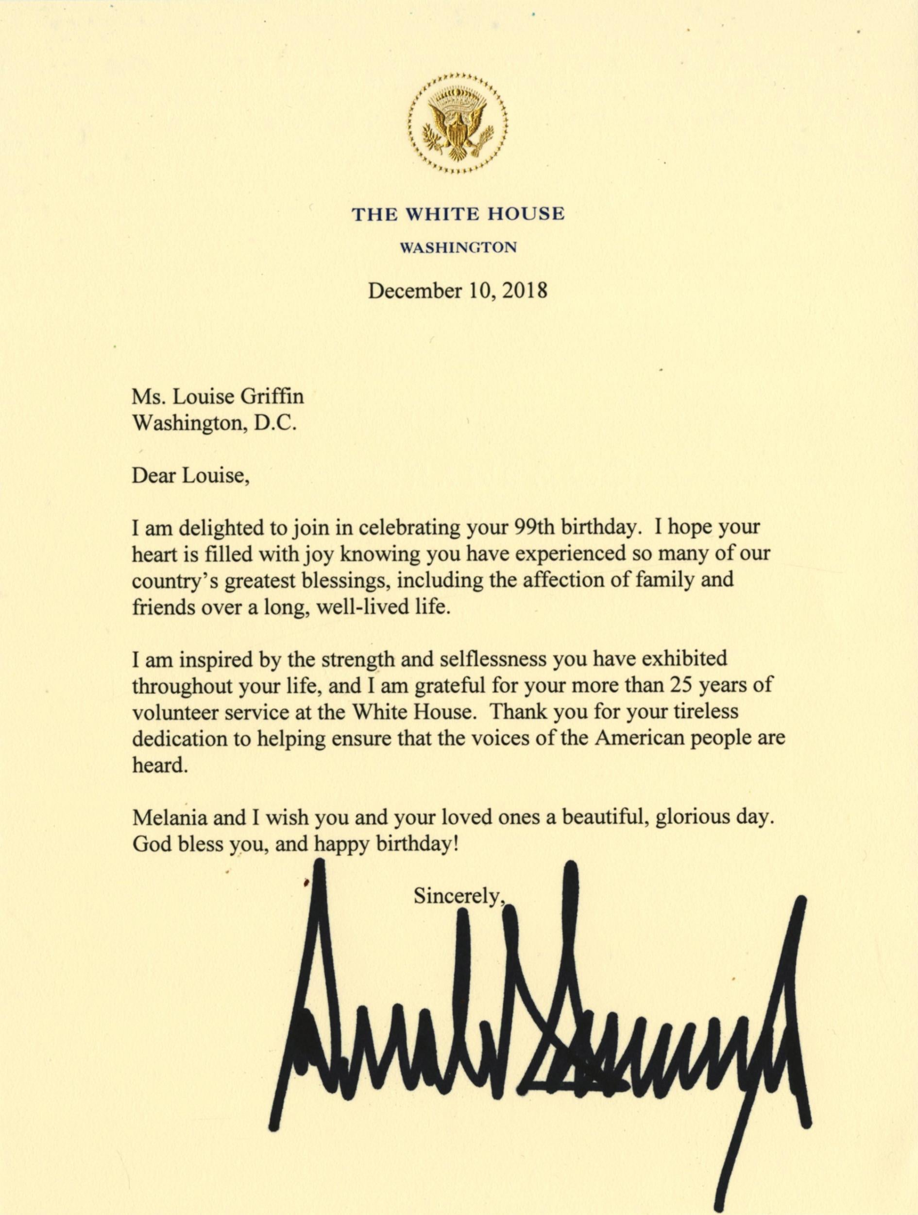 Louise Griffin’s birthday letter from Donald Trump