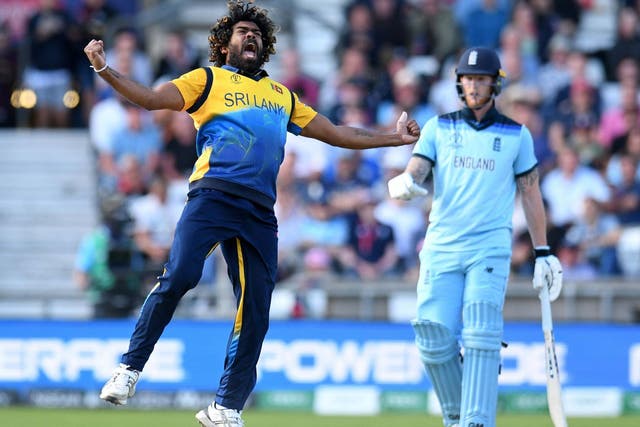 England's Ben Stokes reacts as Sri Lanka's Lasith Malinga celebrates