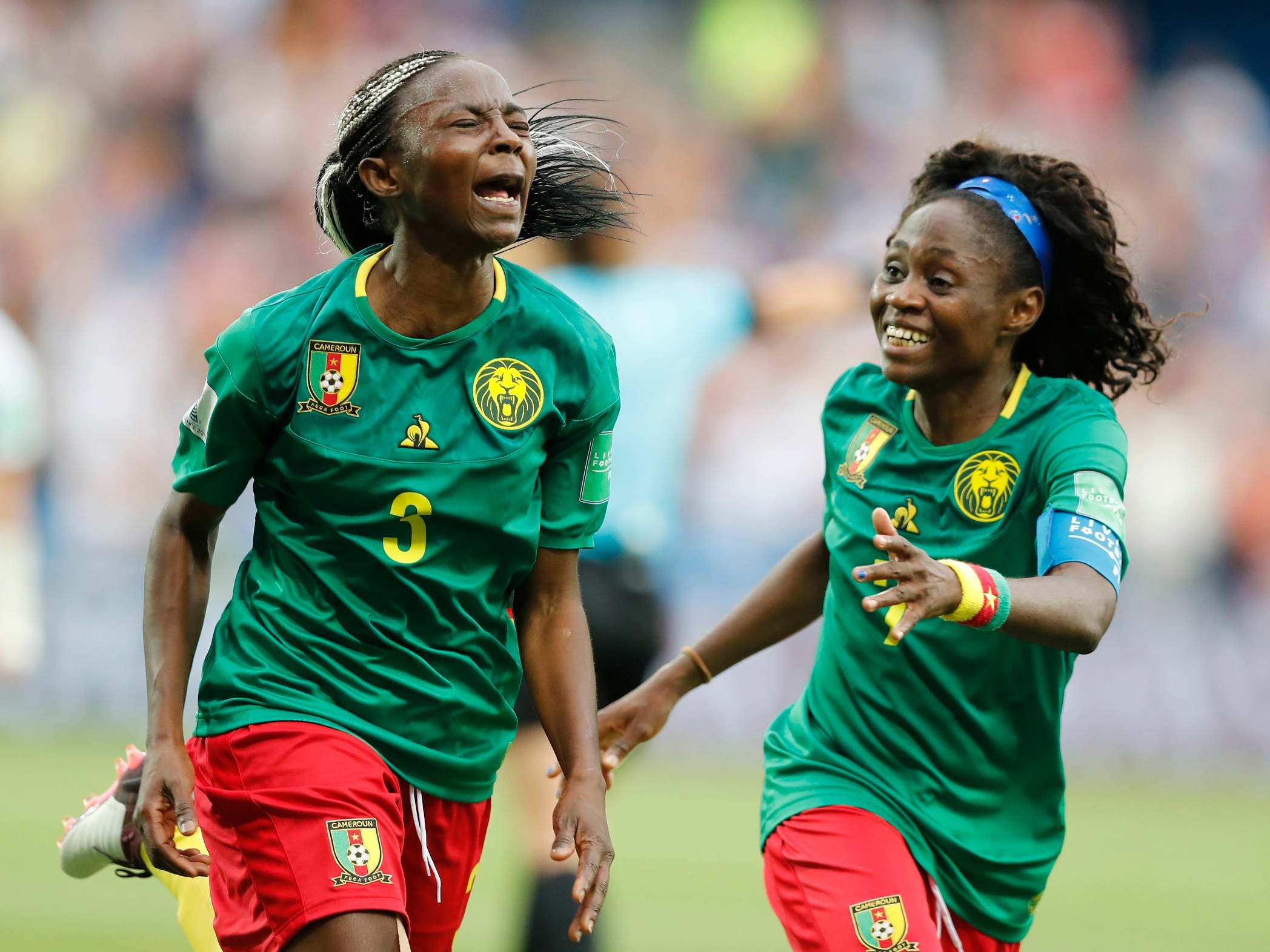 Nchout Ajara celebrates scoring a last-minute winner to send Cameroon through