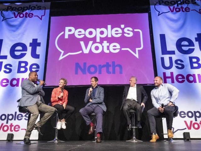 Talking heads: (from left) John Barnes, Allison Curbishley, Alastair Campbell, Peter Reid and Garreth Carvell during Saturday’s People’s Vote rally in Leeds