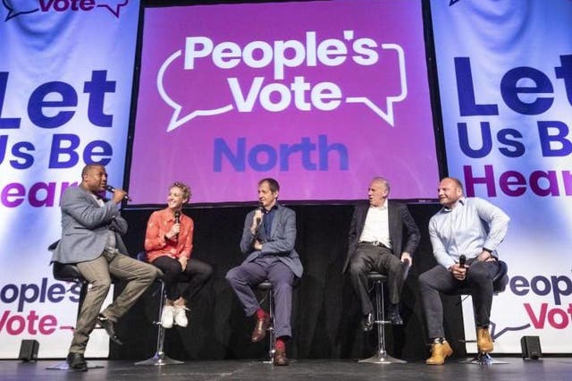 Talking heads: (from left) John Barnes, Allison Curbishley, Alastair Campbell, Peter Reid and Garreth Carvell during Saturday’s People’s Vote rally in Leeds