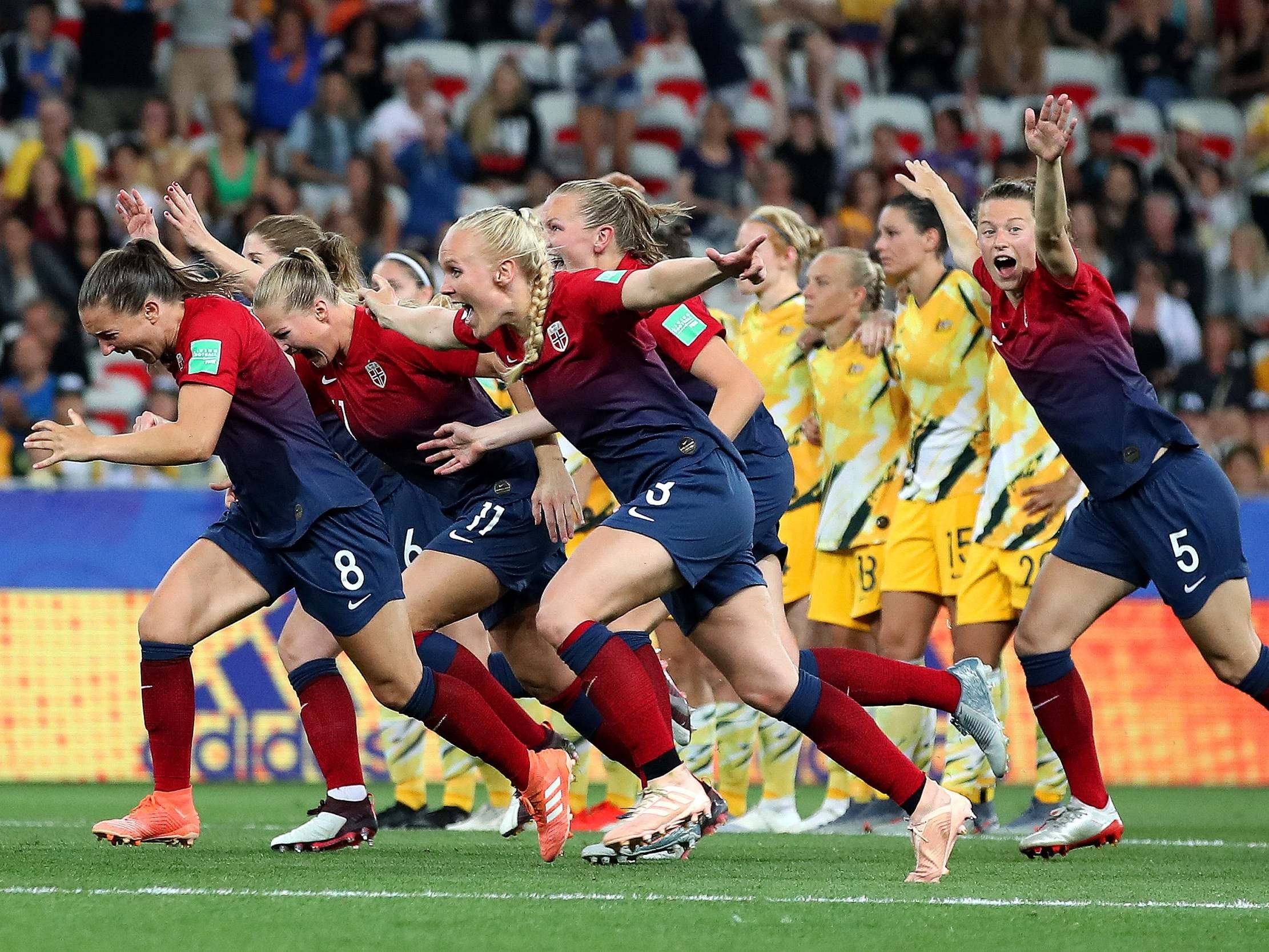Norway celebrate their shootout victory over Australia