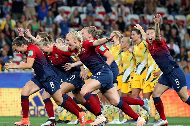 Norway celebrate their shootout victory over Australia