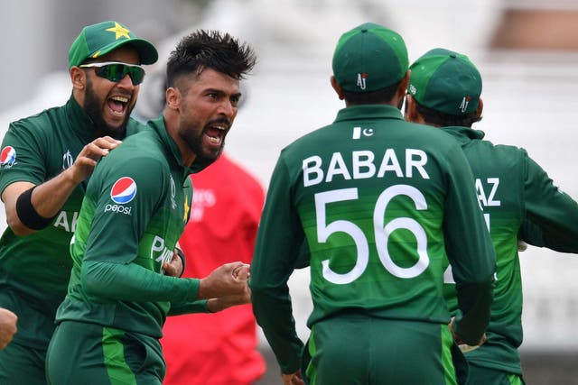 Pakistan's Mohammad Amir celebrates with teammates