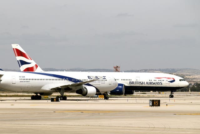 A British Airways plane at Israel's Ben Gurion International Airport, where 18 UK men were thrown off a flight over an alleged bomb threat
