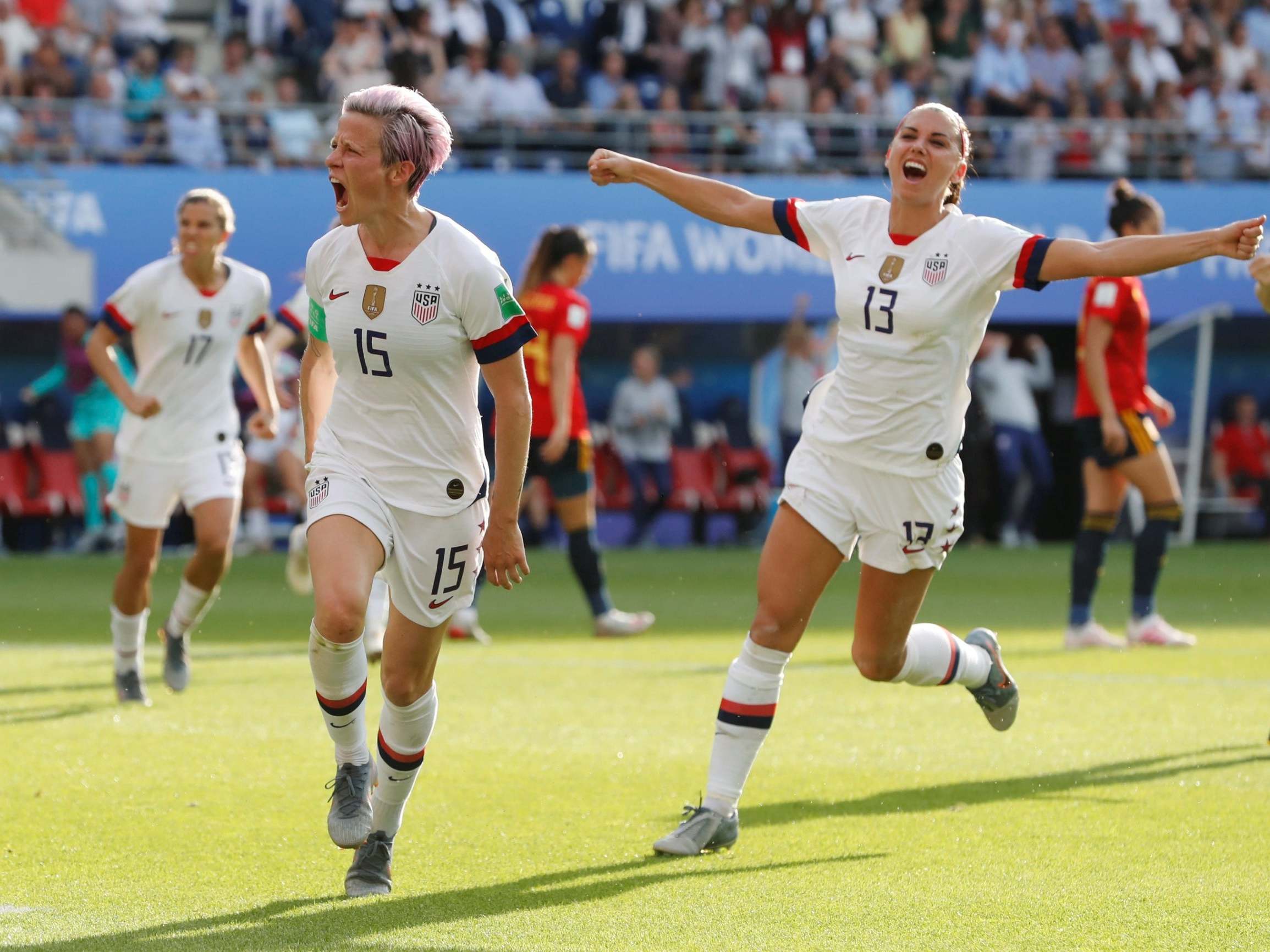 Megan Rapinoe celebrates scoring USA's match-winning second goal