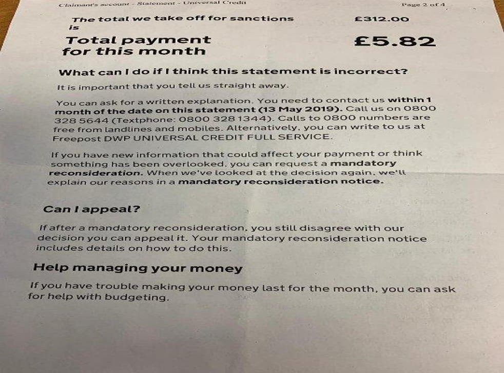 Mentally Ill Universal Credit Claimant Receives Less Than 6 For Month After 312 Deducted For Sanctions The Independent The Independent