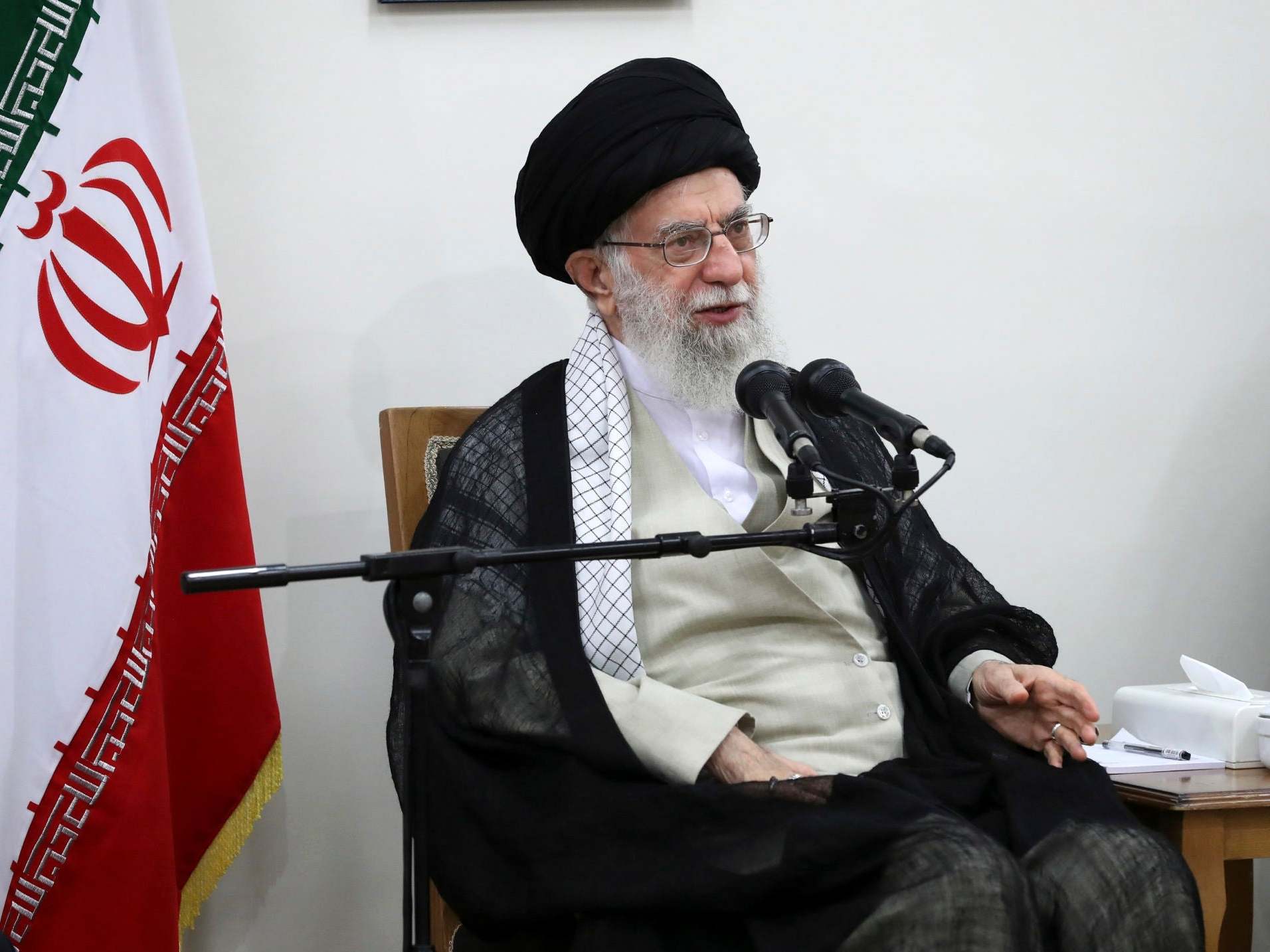 Iran's supreme leader Ayatollah Ali Khamenei speaks in a meeting at his residence in Tehran, Iran.