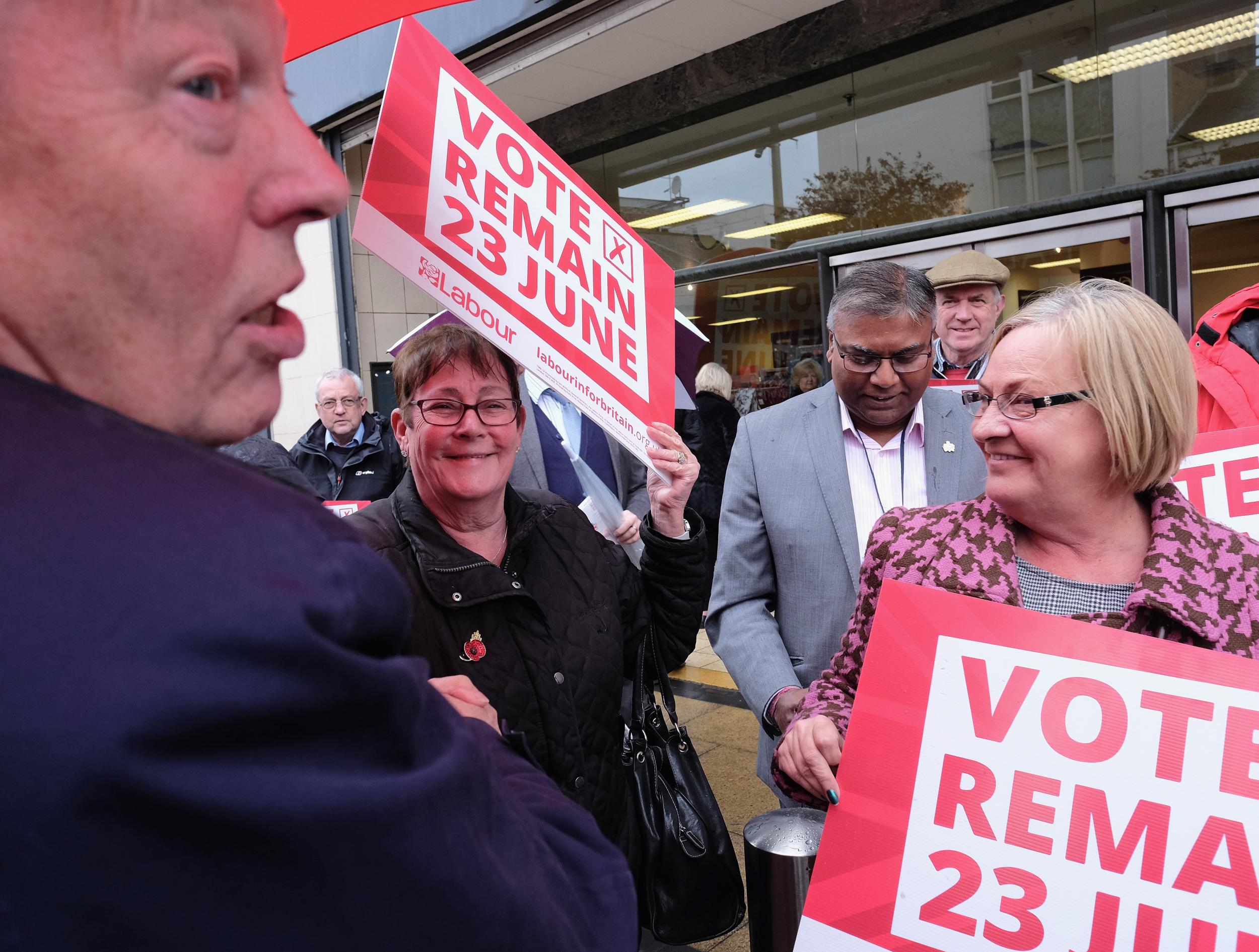 Alan Johnson MP, chair of the Labour In for Britain group, with supporters during a campaigning tour in May 2016