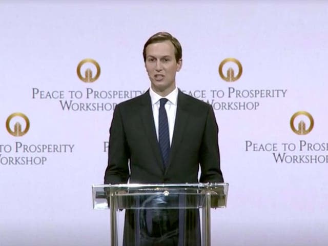 Jared Kushner gives a speech at the opening of the 'Peace to Prosperity' conference in Manama, Bahrain.
