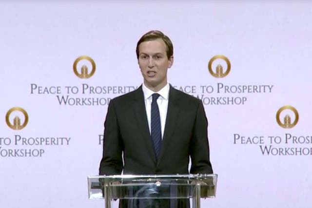 Jared Kushner gives a speech at the opening of the 'Peace to Prosperity' conference in Manama, Bahrain.