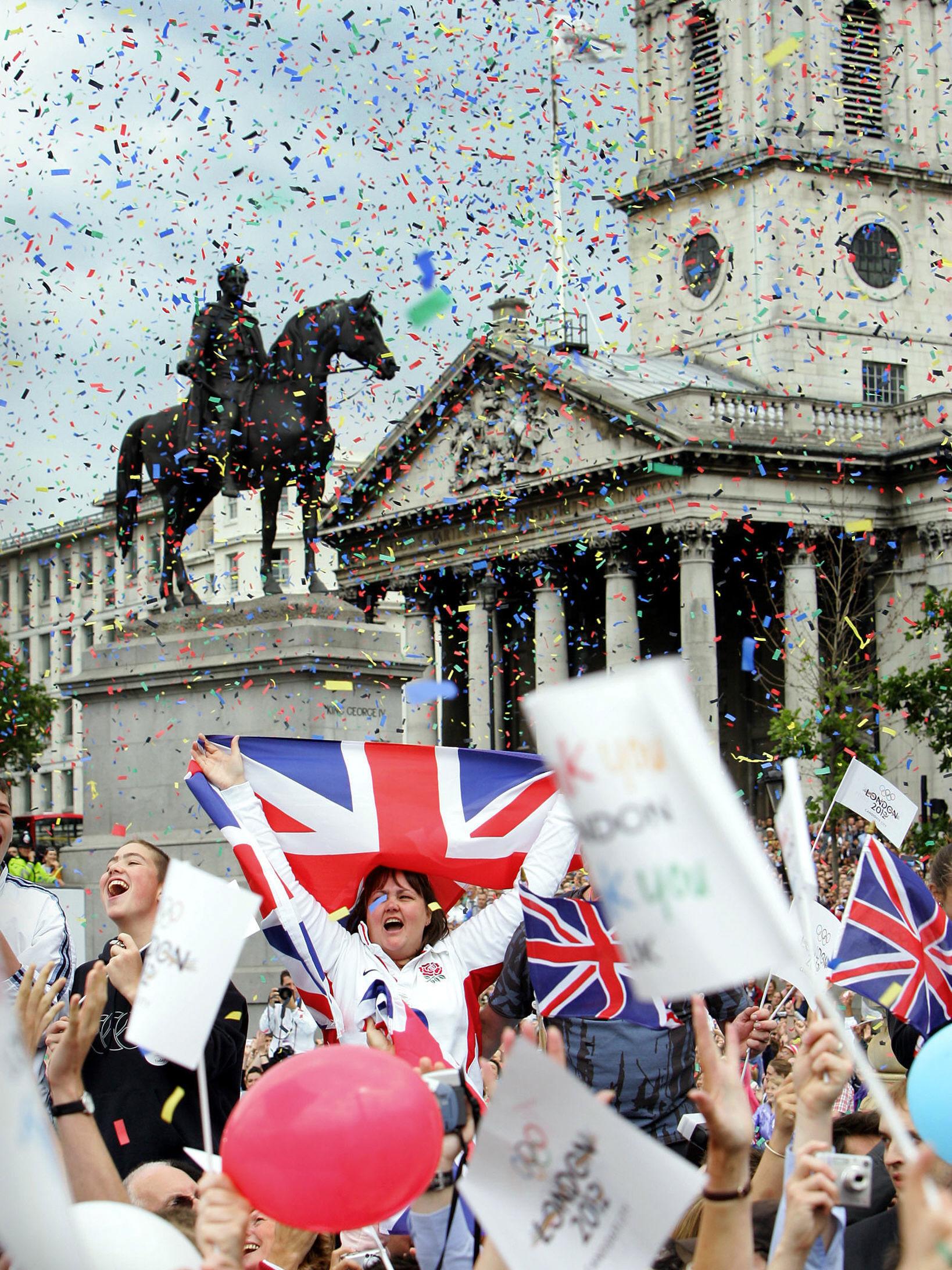 Londoners celebrate in Trafalgar Square as the announcement is made that the city will host the 2012 Olympic Games