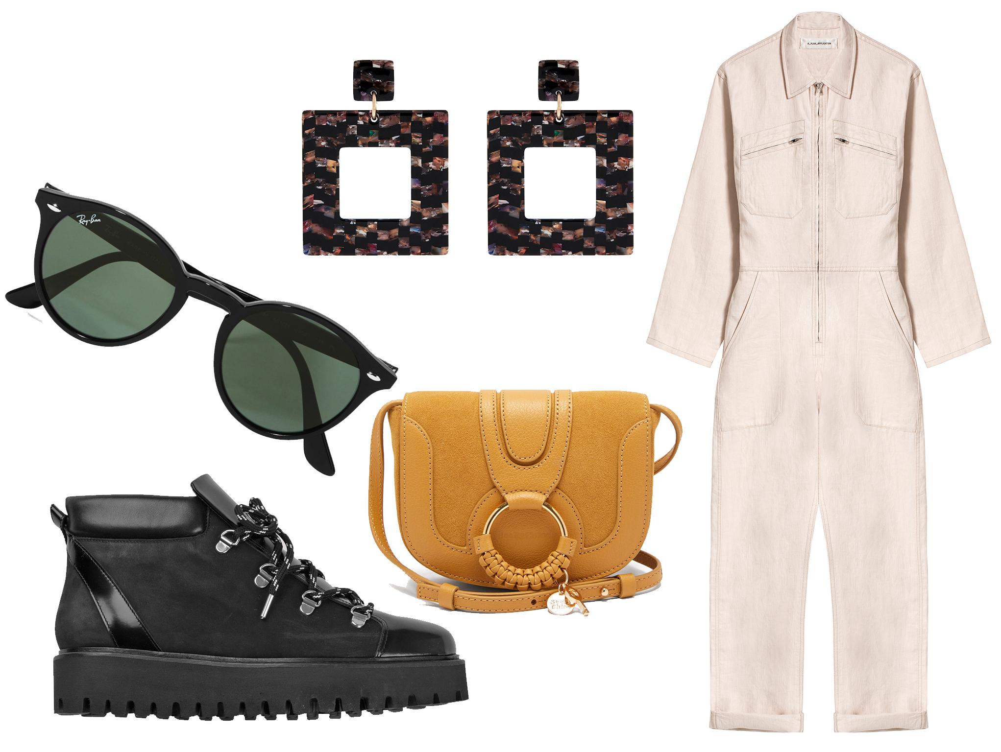 Ray-ban round-frame acetate sunglasses: £115, Ganni Winter city boots: £240, Accessorize long hoop resin earrings: £4, See by Chloe Hana mini leather and suede cross-body bag: £250, A Plan Application sand jumpsuit: £495