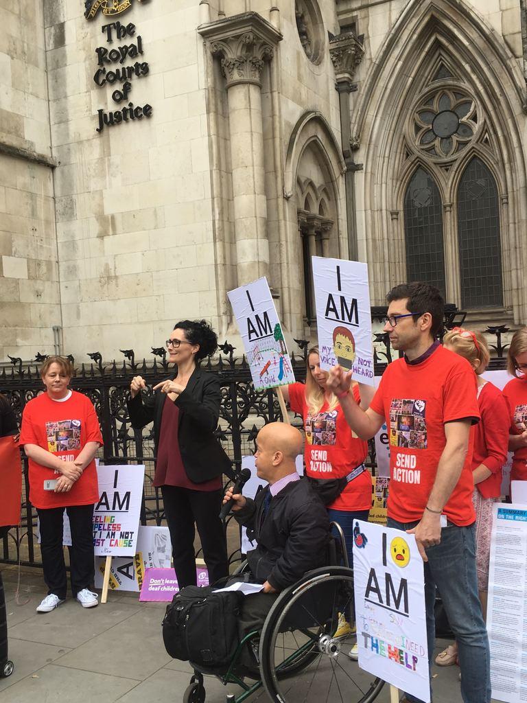 Tom Shakespeare spoke to the crowds gathered outside the Royal Courts of Justice