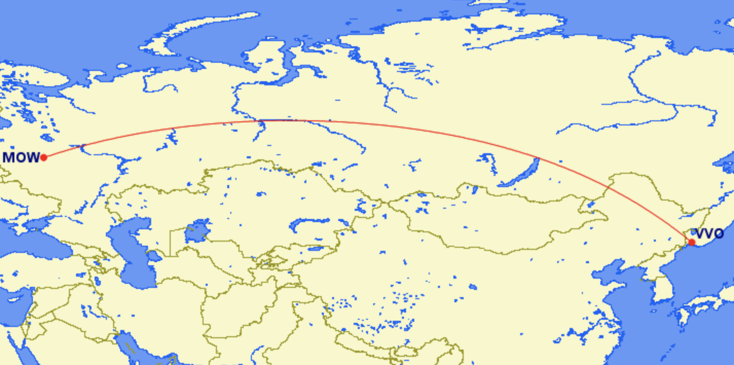 Long haul: the 4,000-mile journey from Vladivostok (VVO) to Moscow (MOW) (Great Circle Mapper)