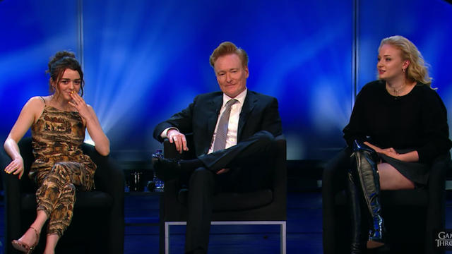 Maisie Williams, Conan O'Brien and Sophie Turner watch old Game of Thrones clips in the reunion special