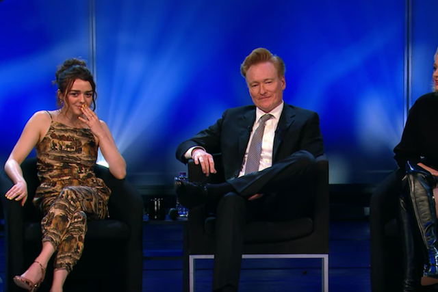 Maisie Williams, Conan O'Brien and Sophie Turner watch old Game of Thrones clips in the reunion special