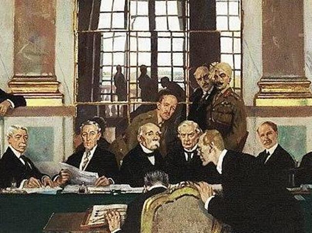 <p>William Orpen’s painting ‘The Signing of Peace in the Hall of Mirrors’, recording the Treaty of Versailles of 28 June 1919</p>