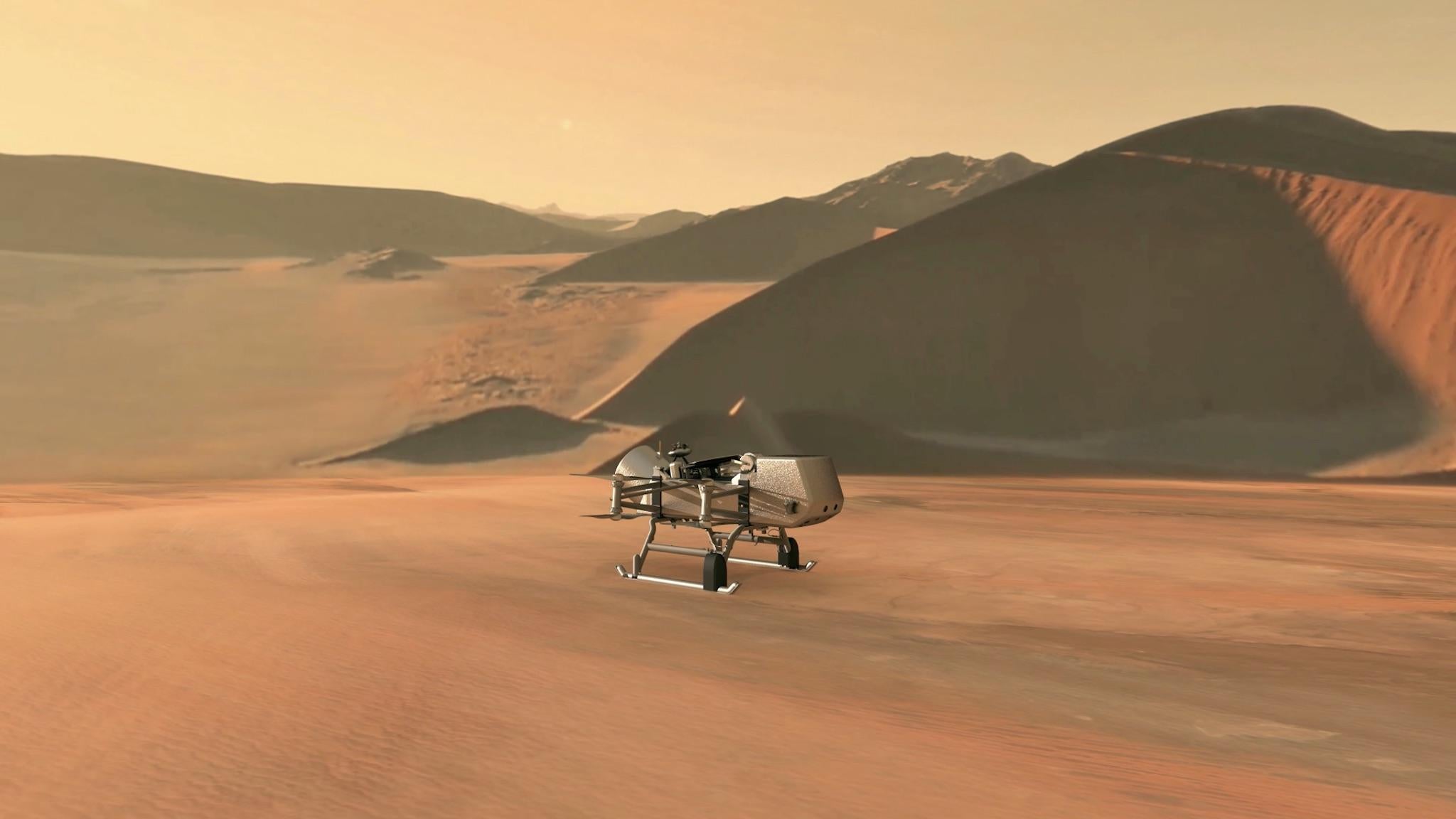 This illustration shows NASA’s Dragonfly rotorcraft-lander approaching a site on Saturn’s exotic moon, Titan