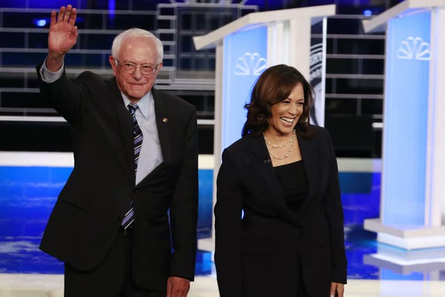 Bernie Sanders, pictured with Kamala Harris, boasted that polls placed him 10 points ahed of Mr Trump