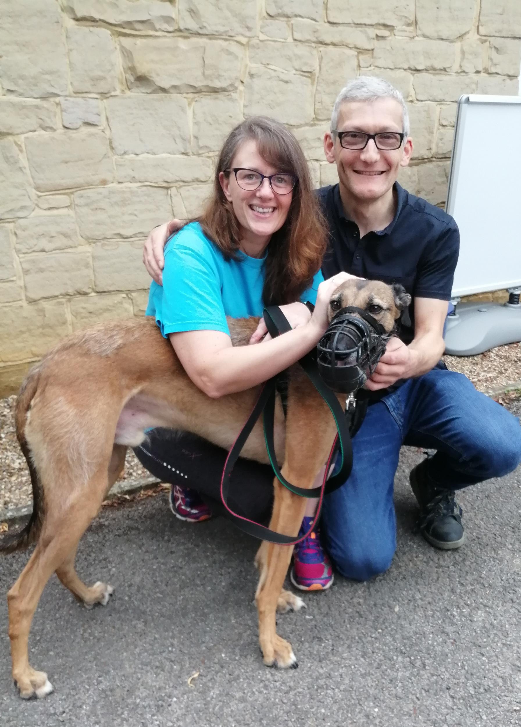 Gary with his new owner Joanne Baxter and her partner, Andrew