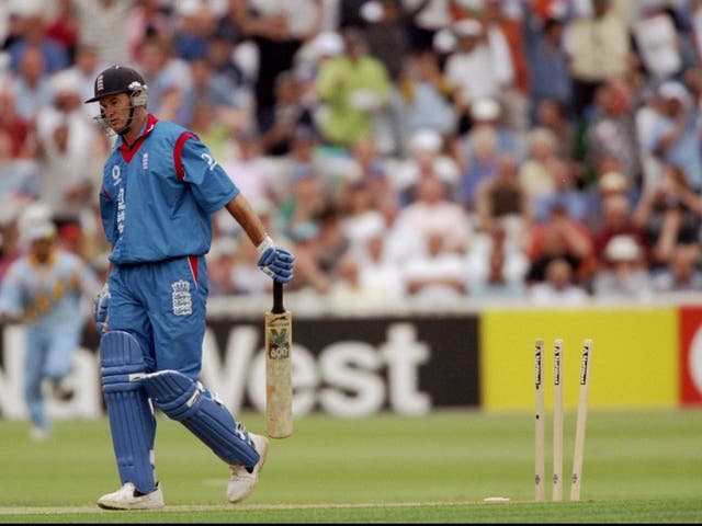 Graeme Hick is bowled for a duck during the defeat by India
