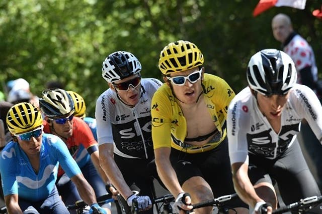 Yellow jersey holder Geraint Thomas follows Egan Bernal during the twelfth stage of last year's Tour de France