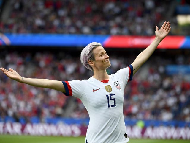 Megan Rapinoe celebrates scoring United States' first goal