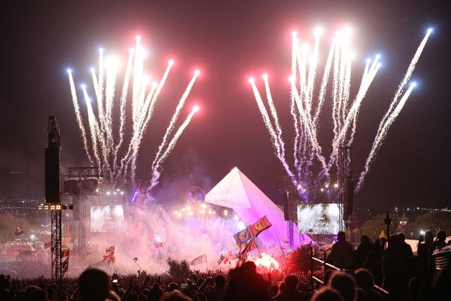 Fireworks light up the Pyramid Stage during The Killers' set
